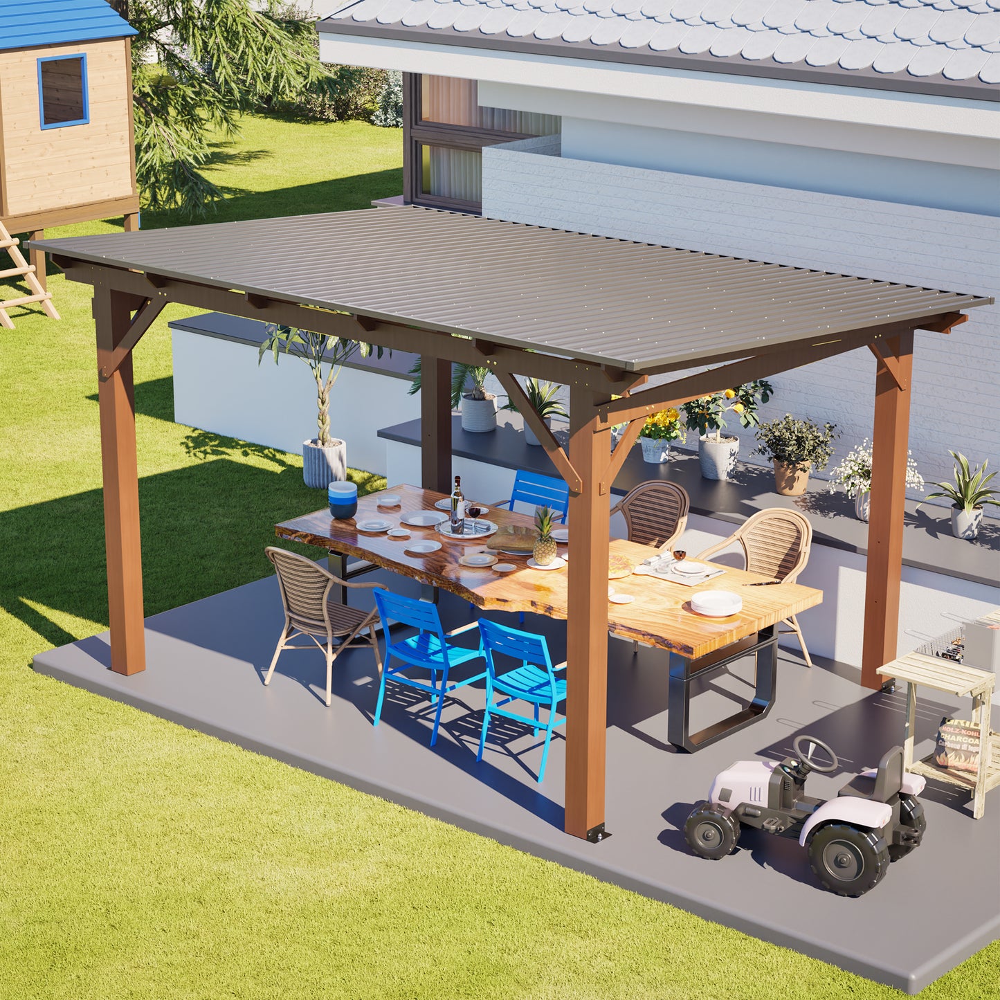 13x10ft Wooden Garden Gazebo with Metal Roof - Brown