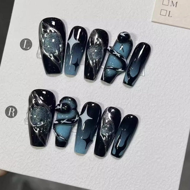 Dark Blue Handmade Press-On Nails Set