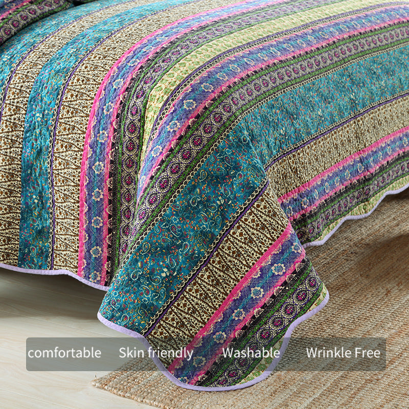 Bohemian Reversible Cotton Quilt Bedspread Set - All Season Lightweight Bedding