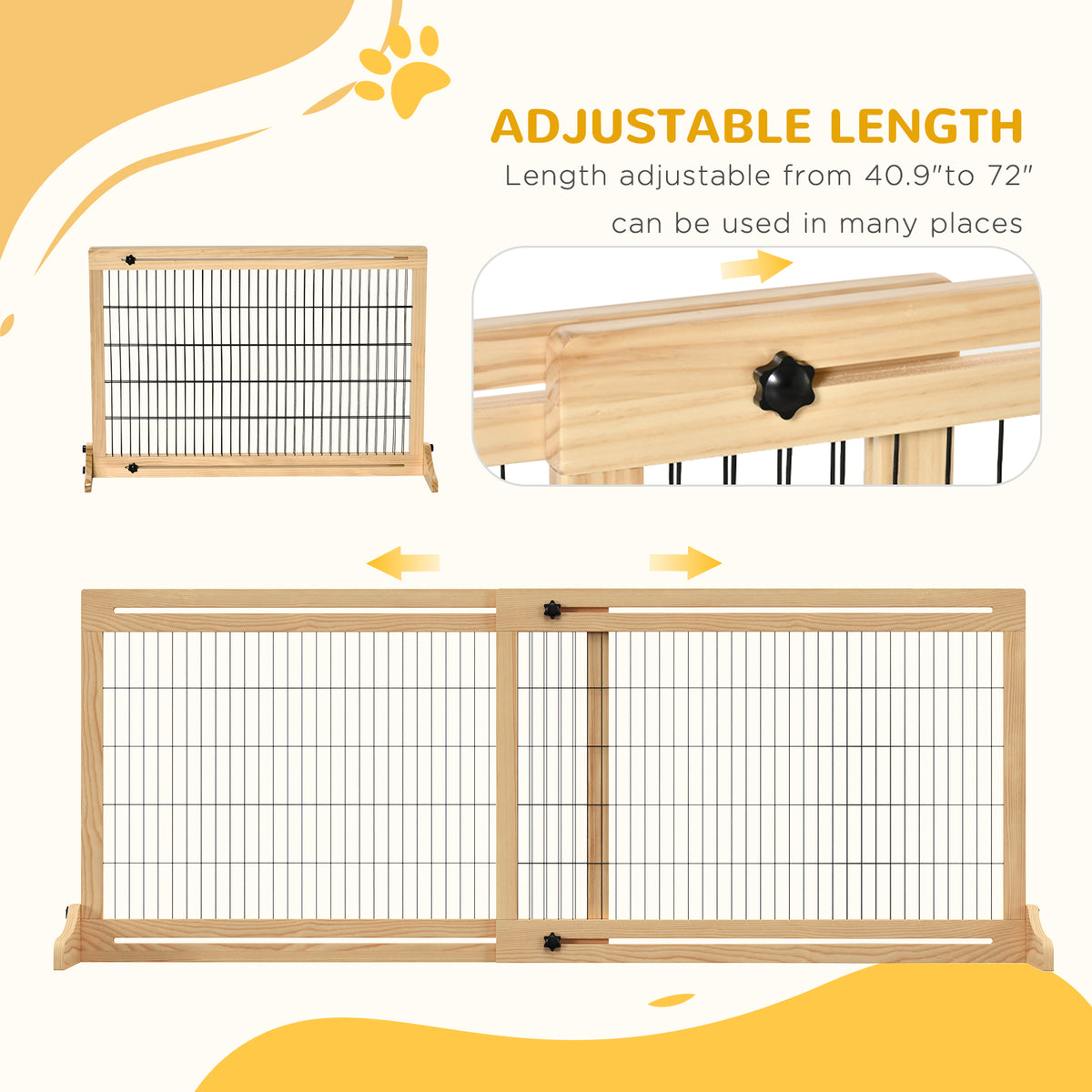 Extra Wide Freestanding Pet Gate for Dogs and Cats, Adjustable Wooden Barrier