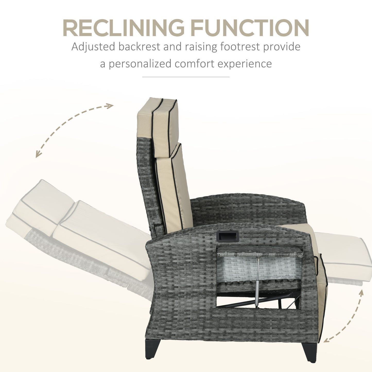 Outdoor Recliner Chair with Cushions and Tray Table - Khaki