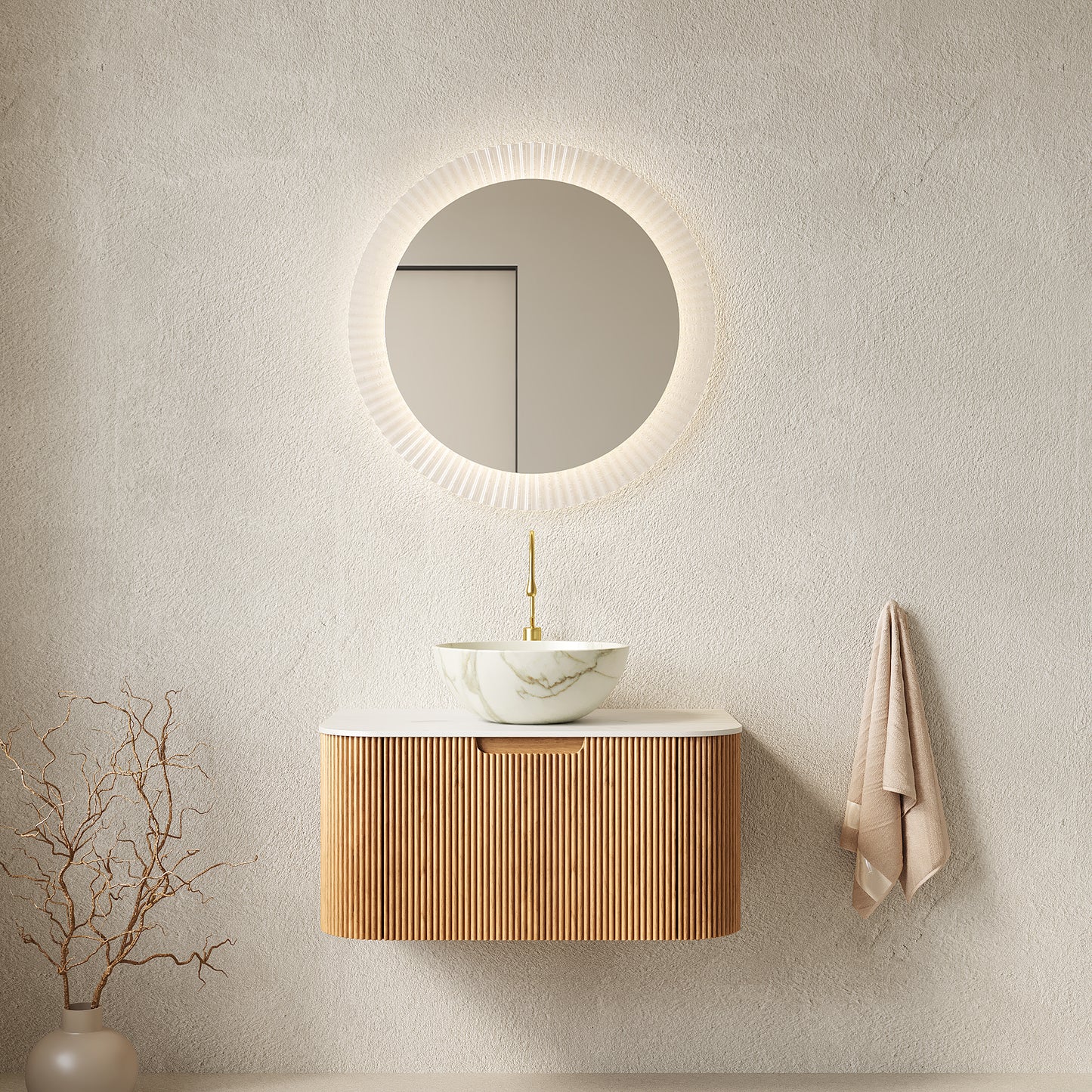 DINA 30 Bathroom Vanity&Sink, Floating Curved Edges Striped Storage