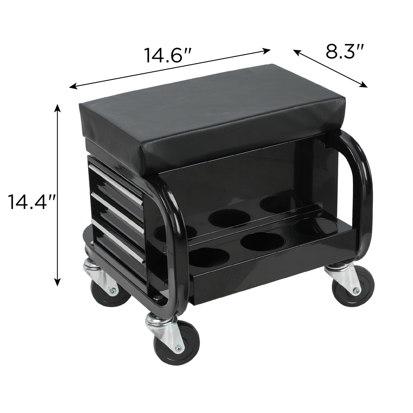 Heavy Duty Rolling Garage Stool with 3 Drawers and Padded Vinyl Seat - Tool Storage Cart, Supports 350 lbs, Black
