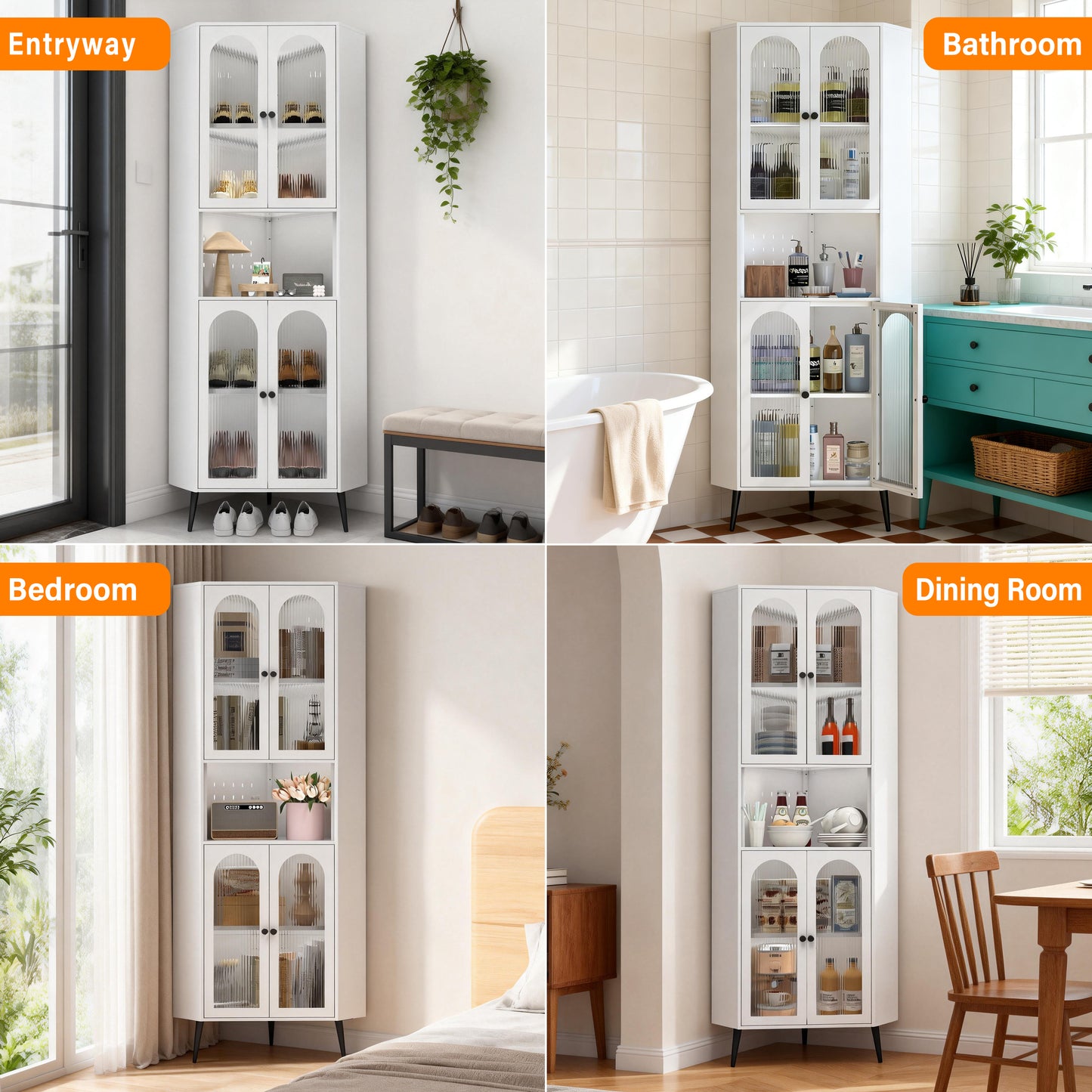 73'' White Metal Corner Storage Cabinet with Adjustable Shelves