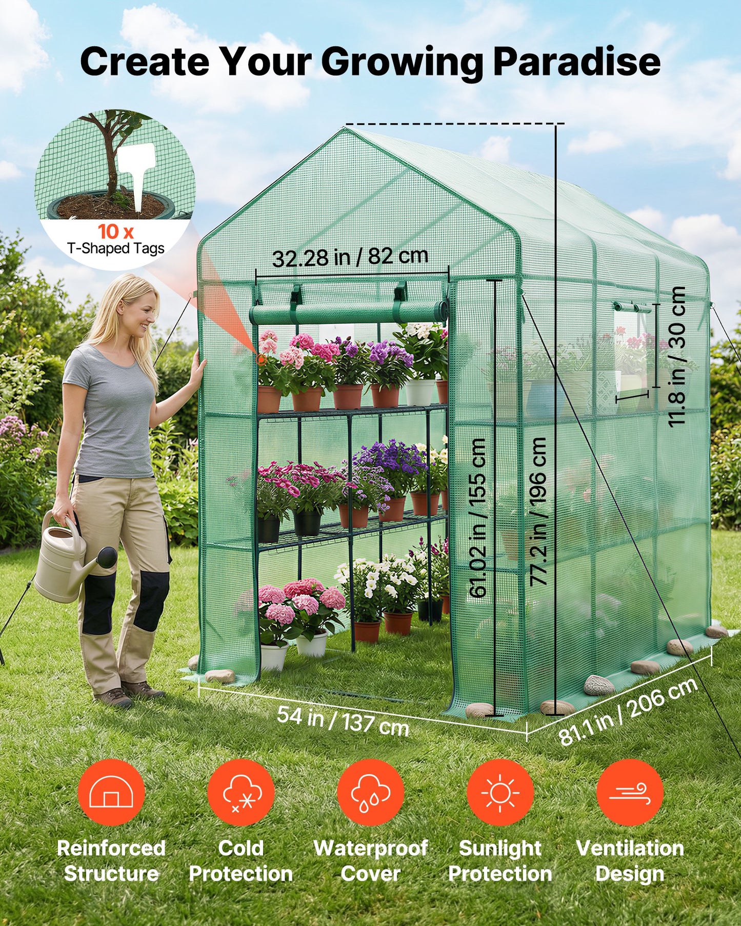 Walk-In Greenhouse with Shelves - 54x81.1x77.2 In, Steel Frame & PE Cover