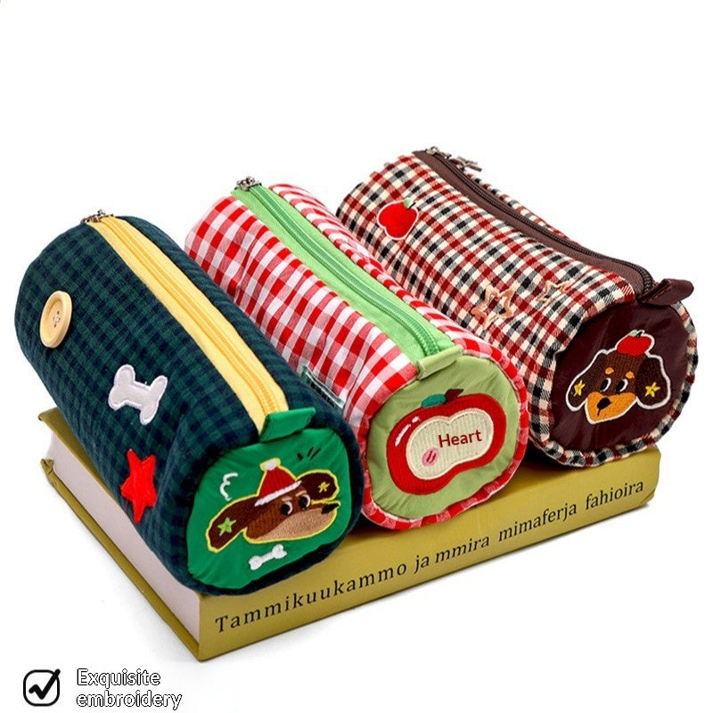 Color-Block Patchwork Pencil Case with Canvas Material and Unisex Korean Style
