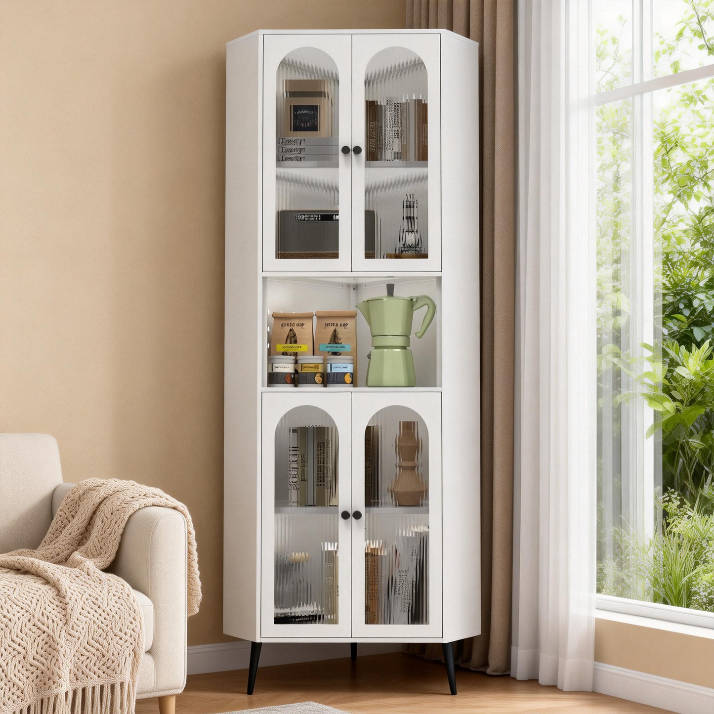 73'' White Metal Corner Storage Cabinet with Adjustable Shelves