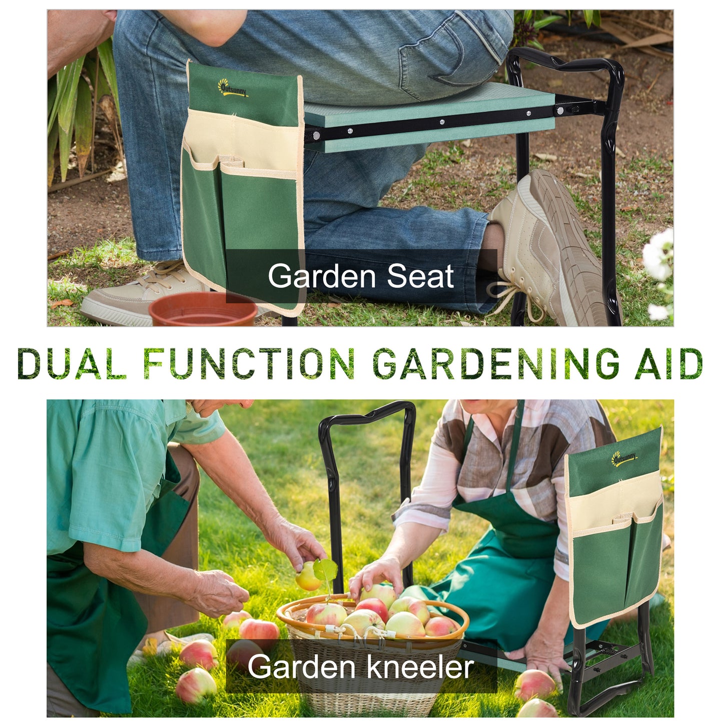 Garden Kneeler Seat Stool with Tool Pouch - Folding Gardening Bench, Green