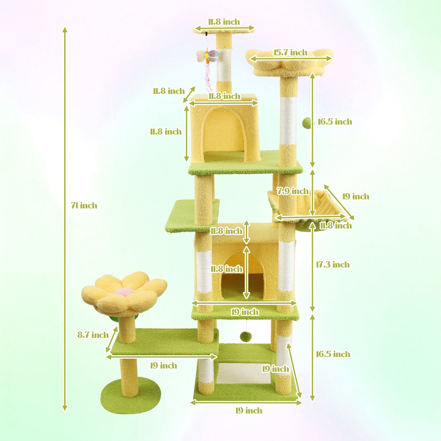 72-Inch Flower Cat Tree with Large Condo, Removable Flower Cushion & Hammock - Yellow