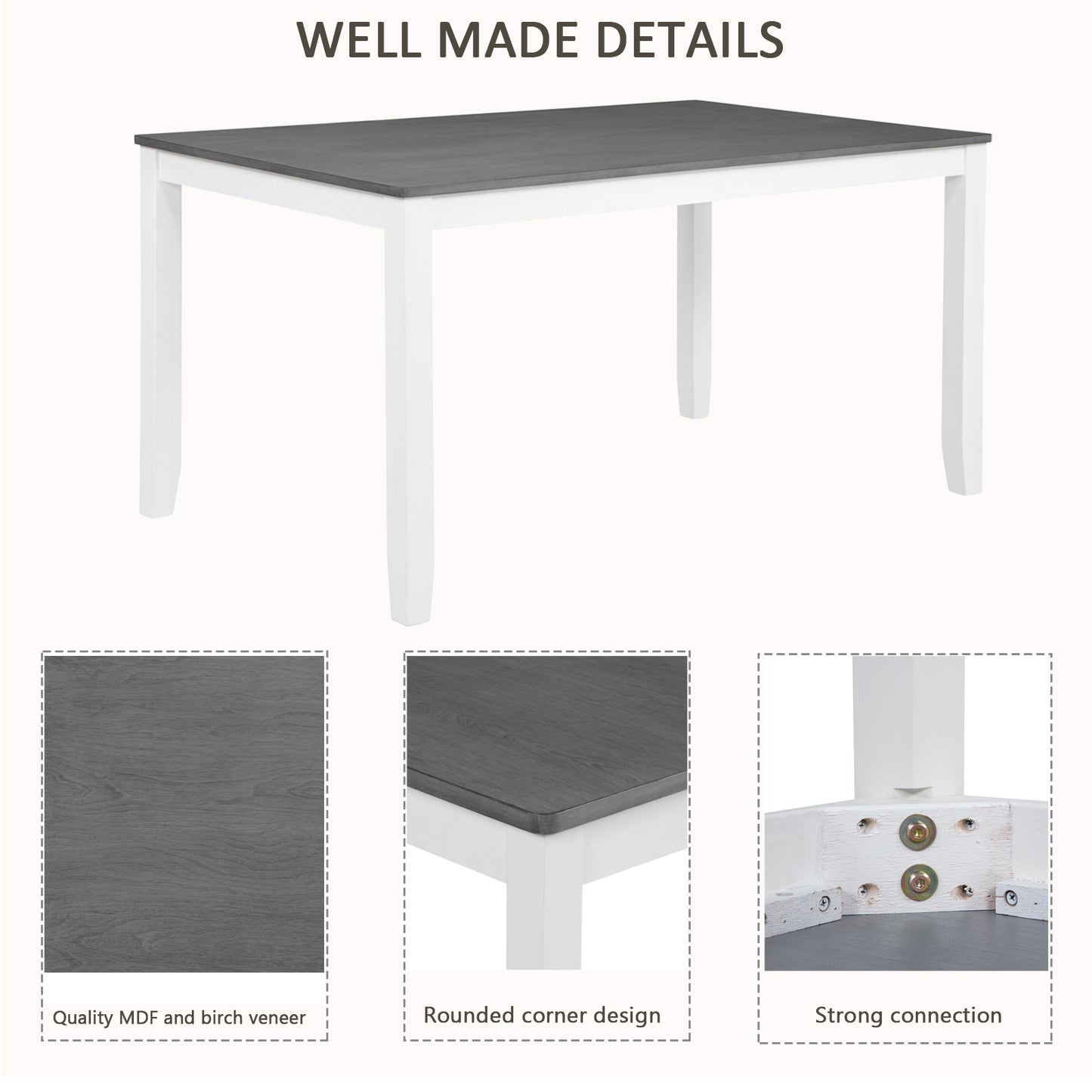 Modern 6-Piece Dining Table Set with Bench - Grey & White