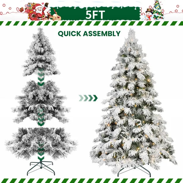 6ft Flocked LED Christmas Tree with Hinged Base - Indoor Decor