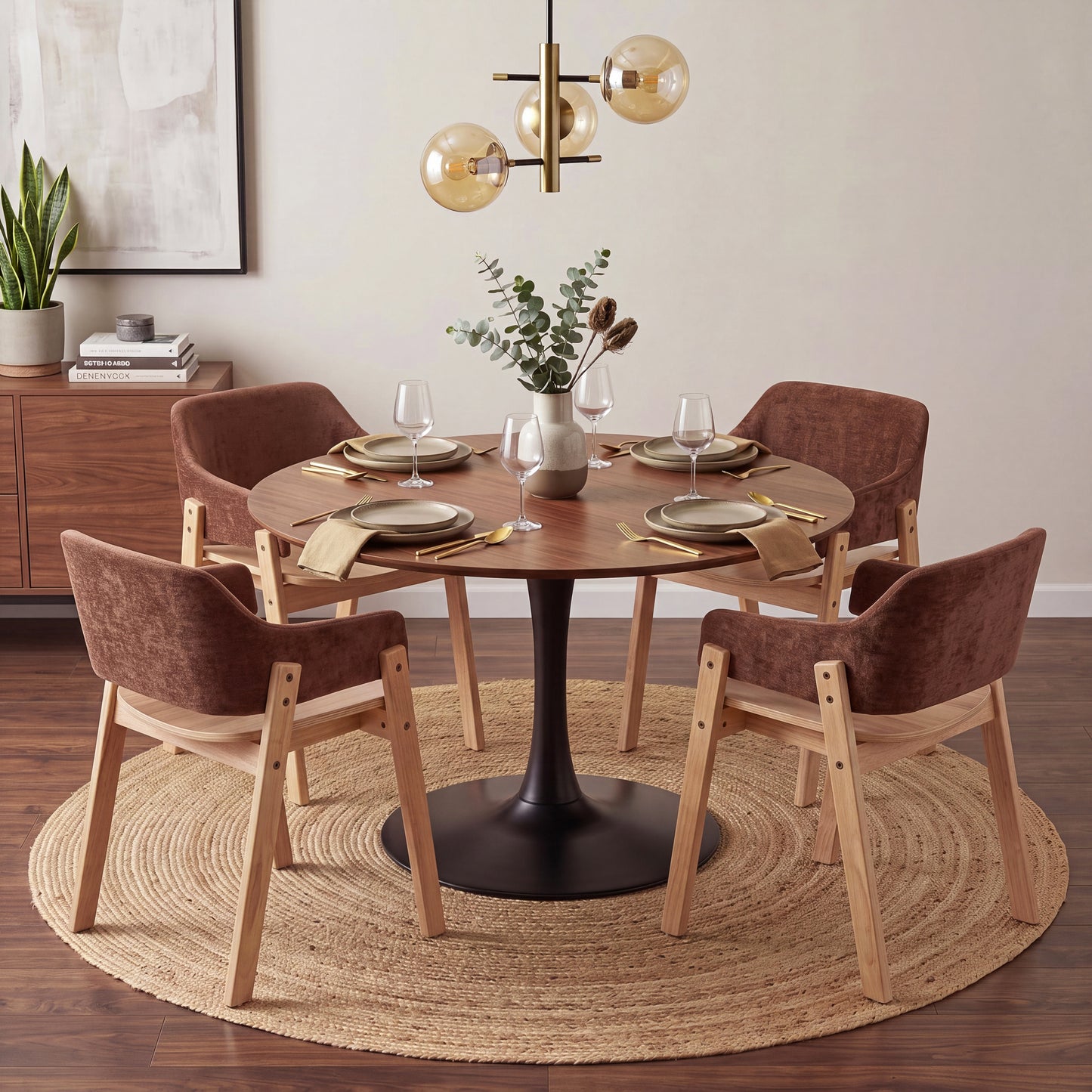Upholstered Dining Chairs Set of 2 - Brown Fabric & Rubber Wood