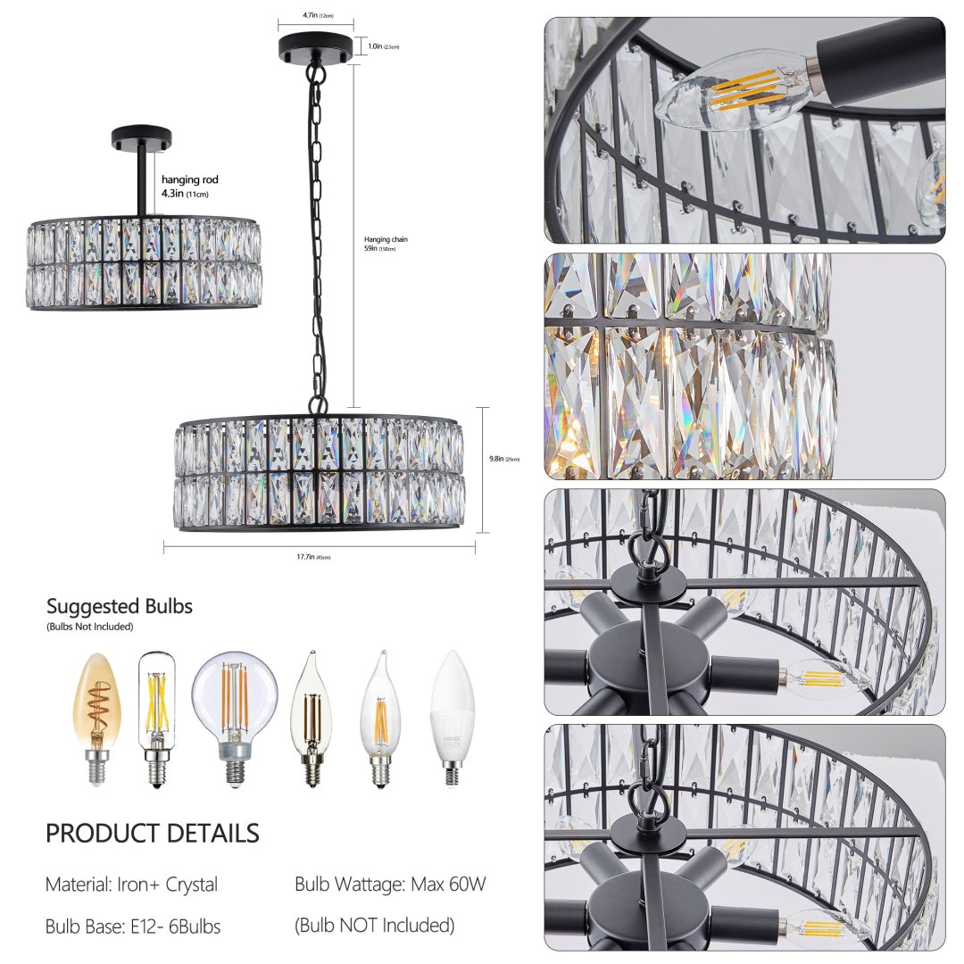 Black Crystal Drum Chandelier - 6-Light Pendant Fixture