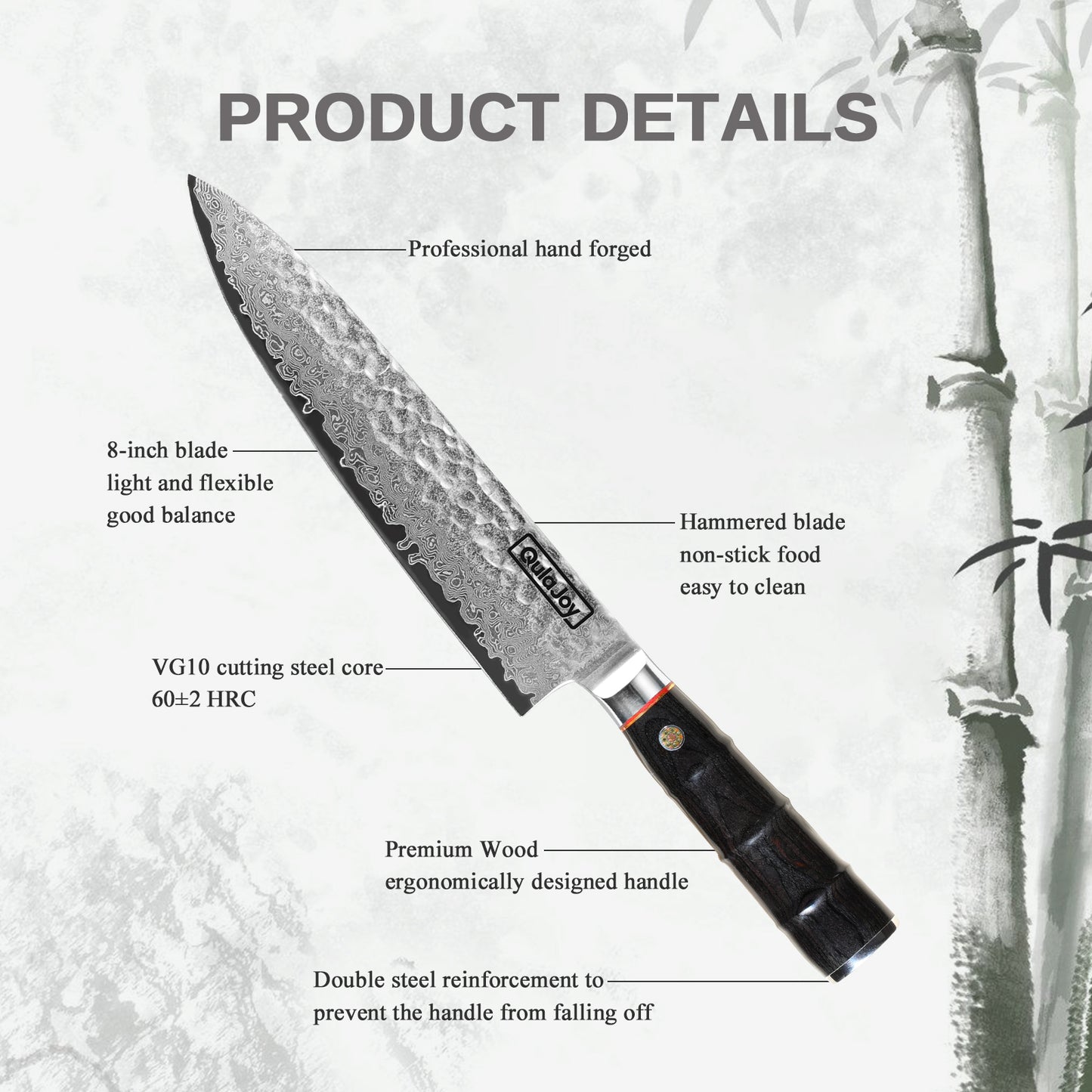 Japanese Chef Knife 8 Inch - Damascus VG-10 Steel, Hammered Blade