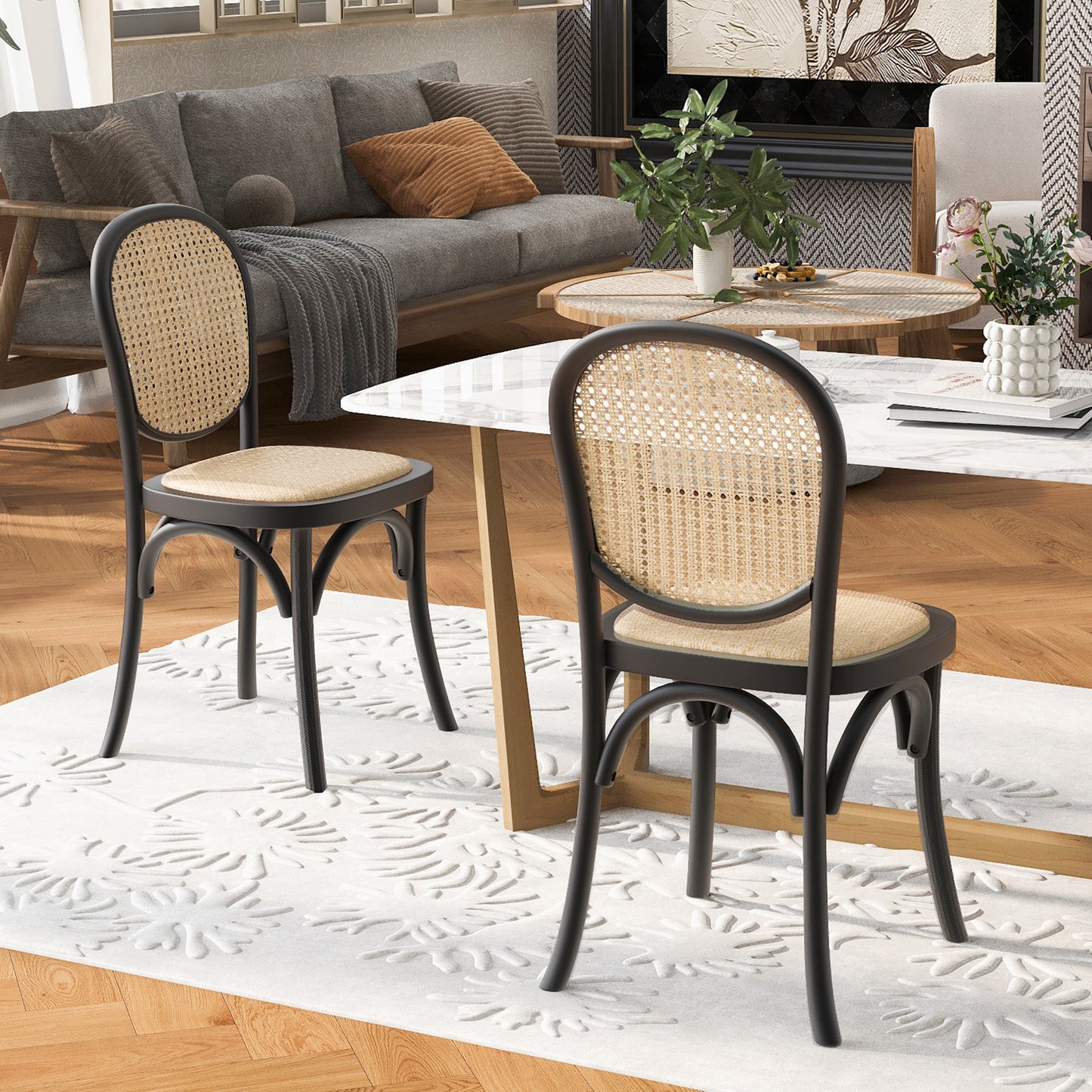 Black Dining Chairs Set of 2 - Retro Style with Foam & Rattan