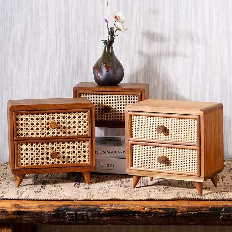 Small Rattan Woven Drawer Storage Box with 2 Layers for Home Organization