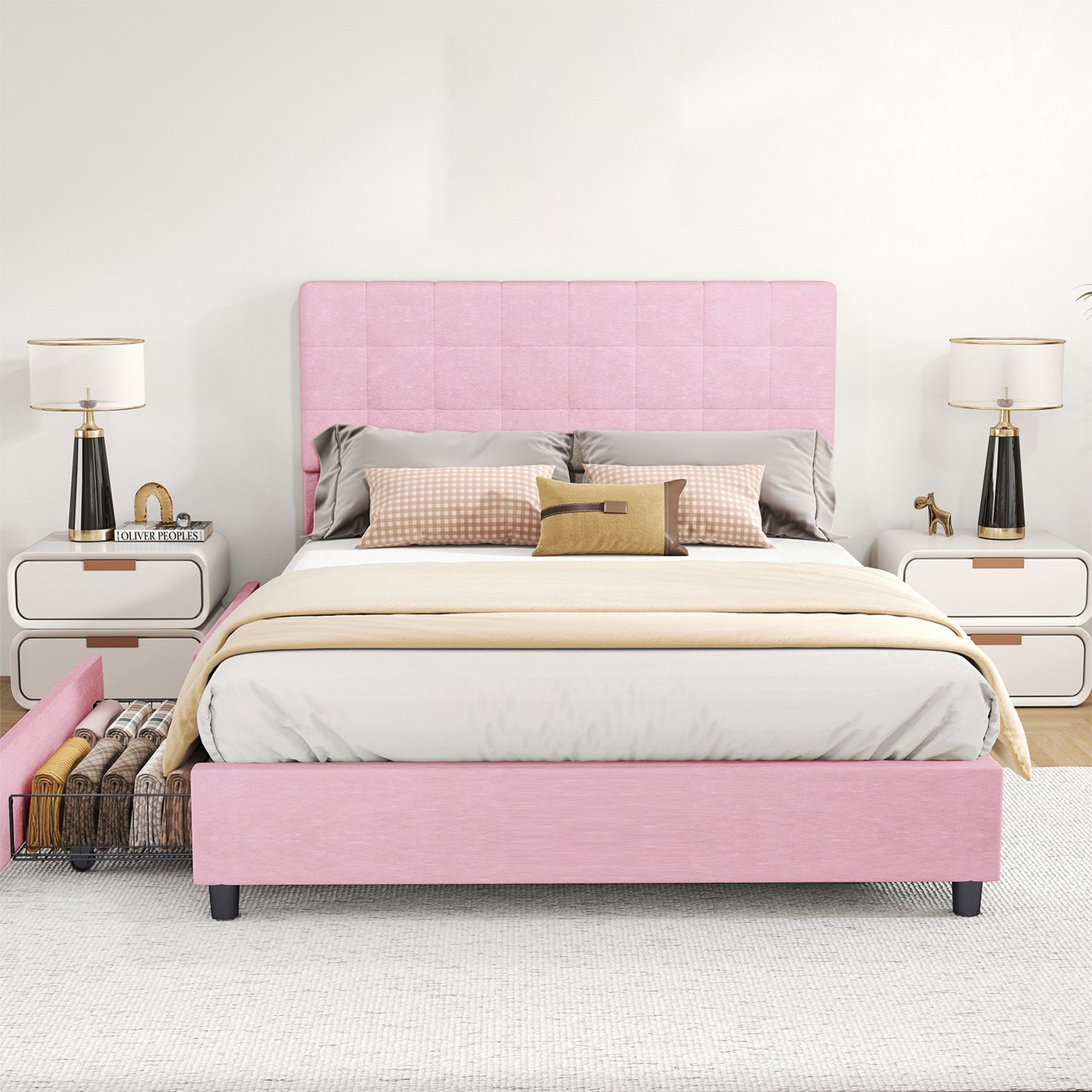 Queen Bed Frame Upholstered Vertical Channel Headboard With 4 Storage