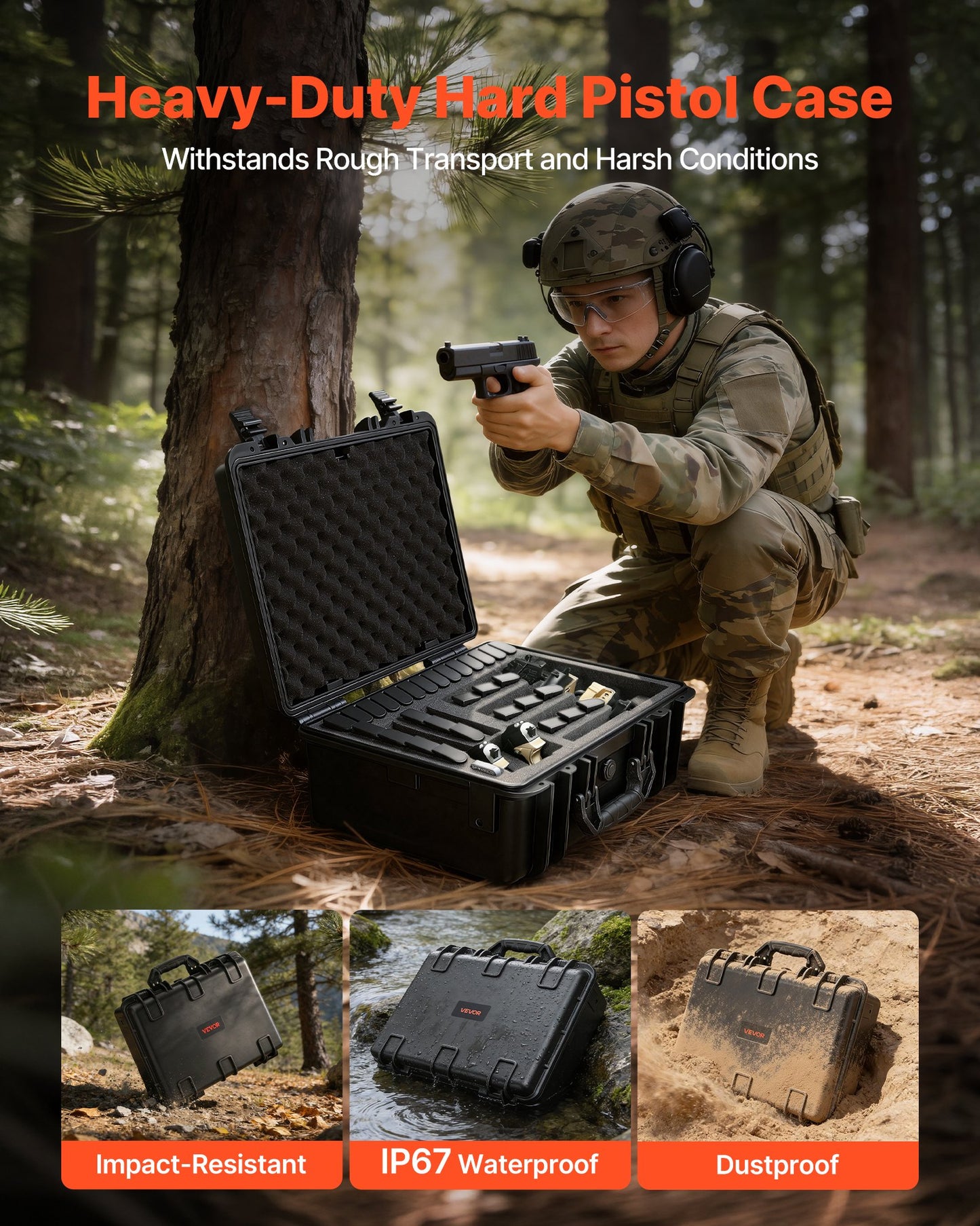 Heavy Duty Waterproof Gun Case with Foam Interior and Lockable Latches - Black