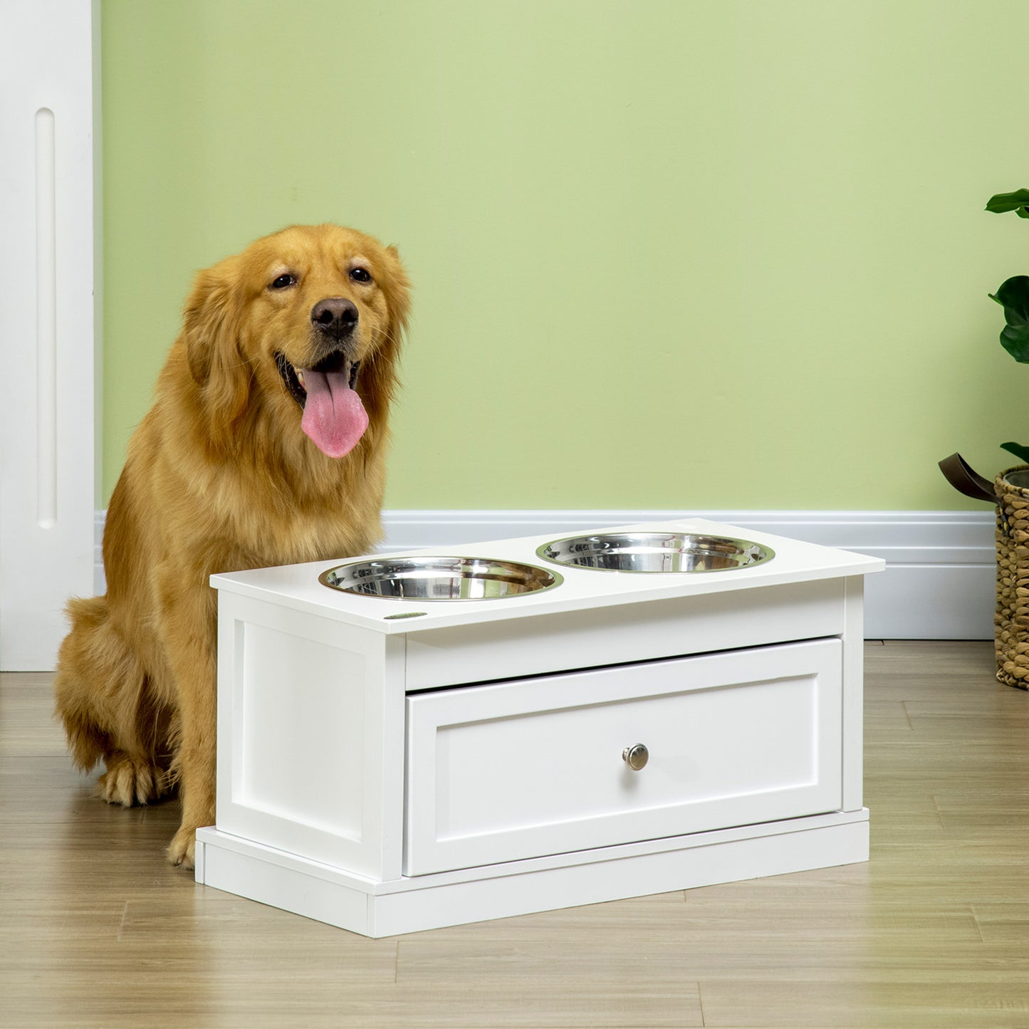 Elevated Dog Bowl Stand with Storage Drawer - Large Stainless Steel Food & Water Bowls, White