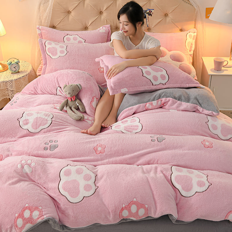 Coral Velvet Duvet Cover Set Double Sided Thick Bedding with Cartoon Patterns