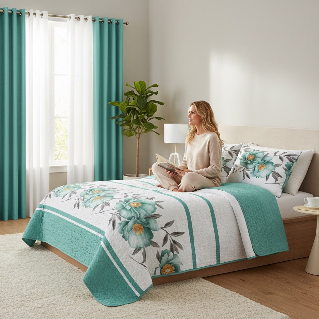 9-Piece Teal Floral Bedding Set with Customizable Curtains