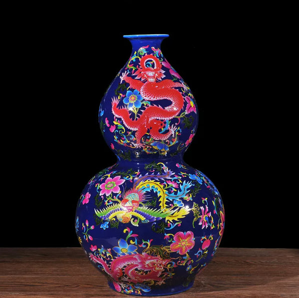 Porcelain Gourd-Shaped Decorative Vase with Dragon and Phoenix Design - Multiple Styles
