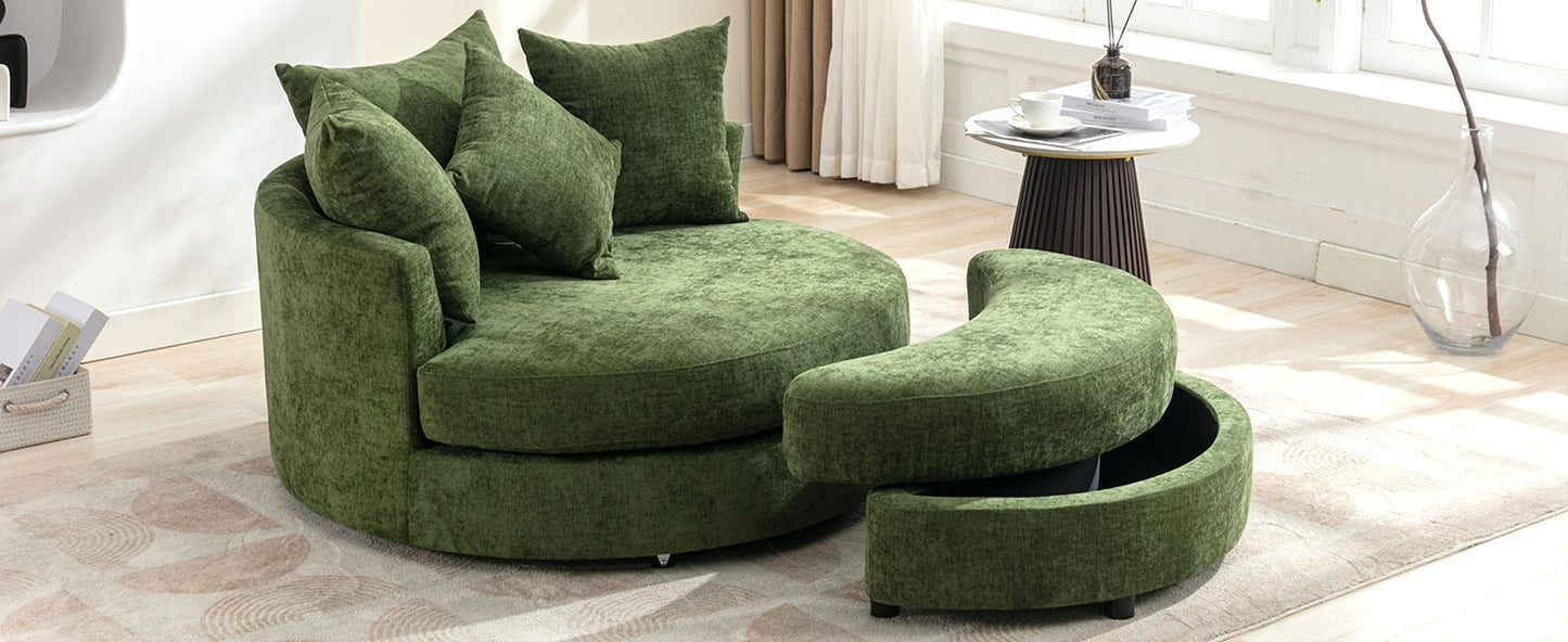 360° Swivel Accent Barrel Chair with Storage Ottoman & 4 Pillows - Green