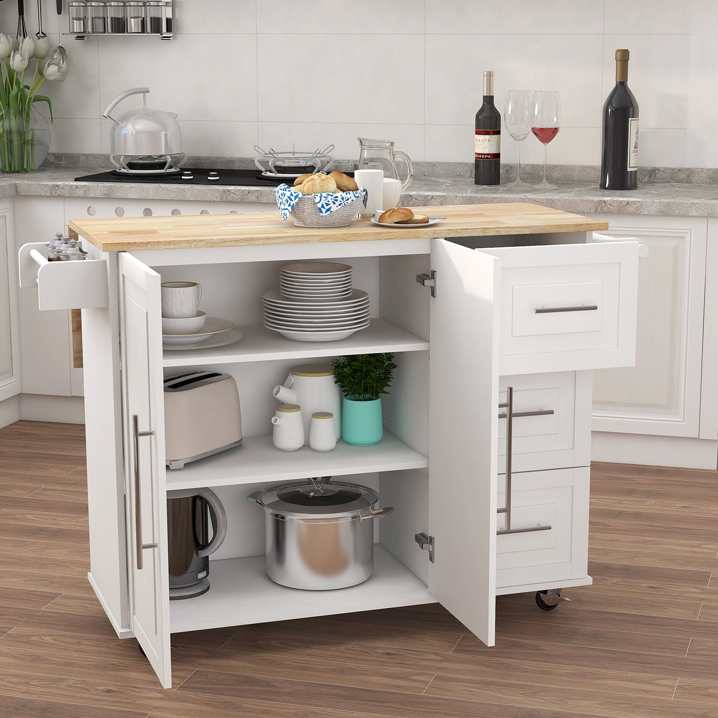 Kitchen Island with Spice Rack & Towel Rack - White