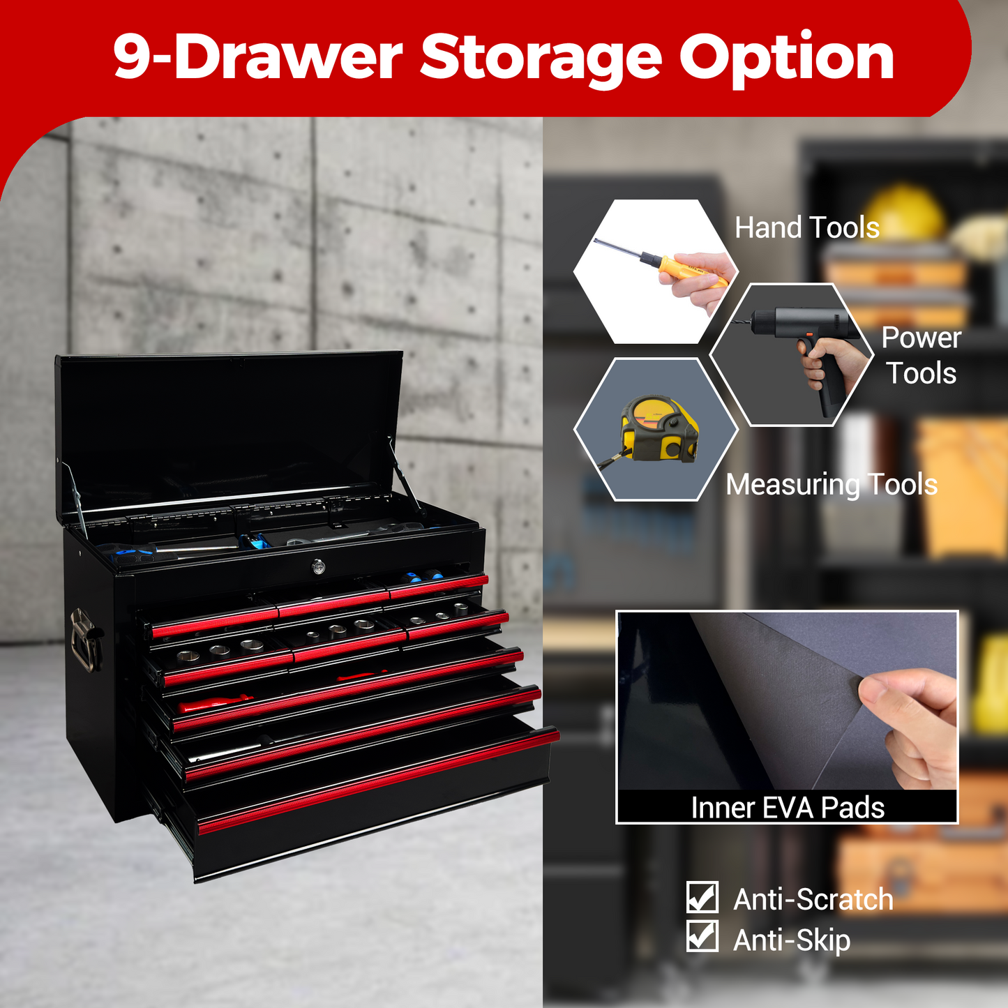 Heavy Duty Metal Tool Box 24 Inch with 9 Drawers & Locking Mechanism - Black