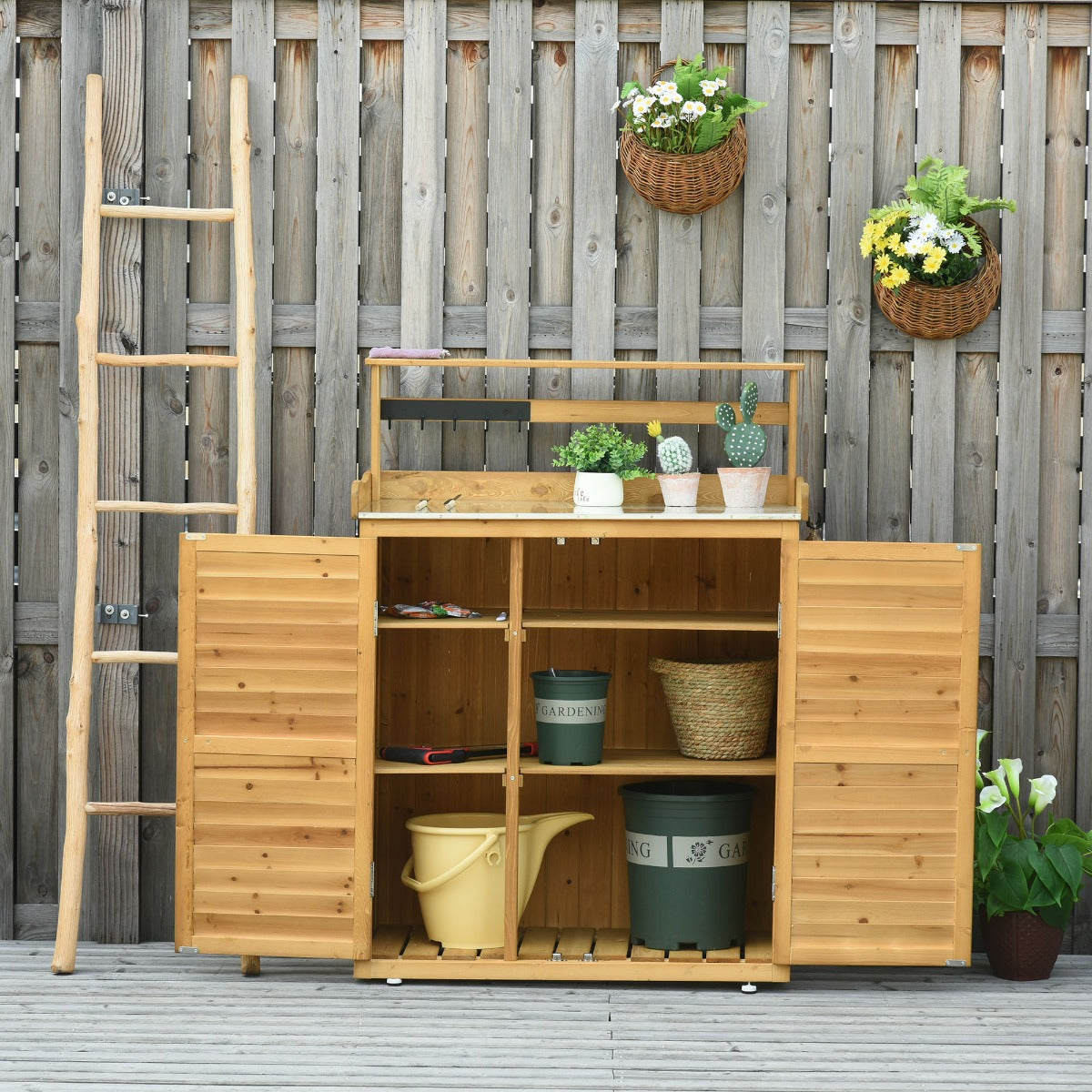 Outdoor Garden Tool Storage Shed with Potting Bench - Weatherproof Fir Wood, Yellow