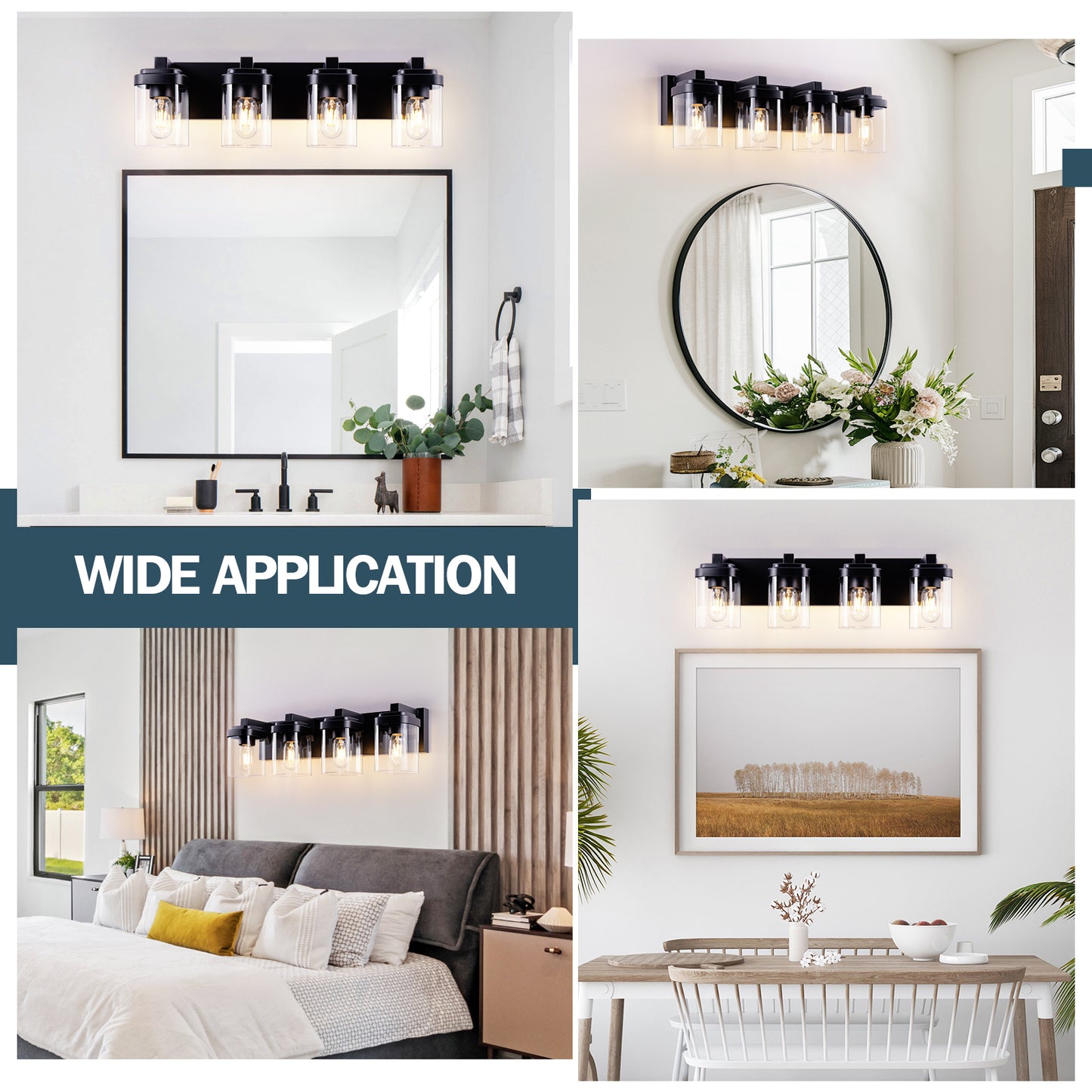 4-Light Matte Black Bathroom Vanity Light Fixture with Clear Glass Shades - Over Mirror Wall Sconce, NO BULBS