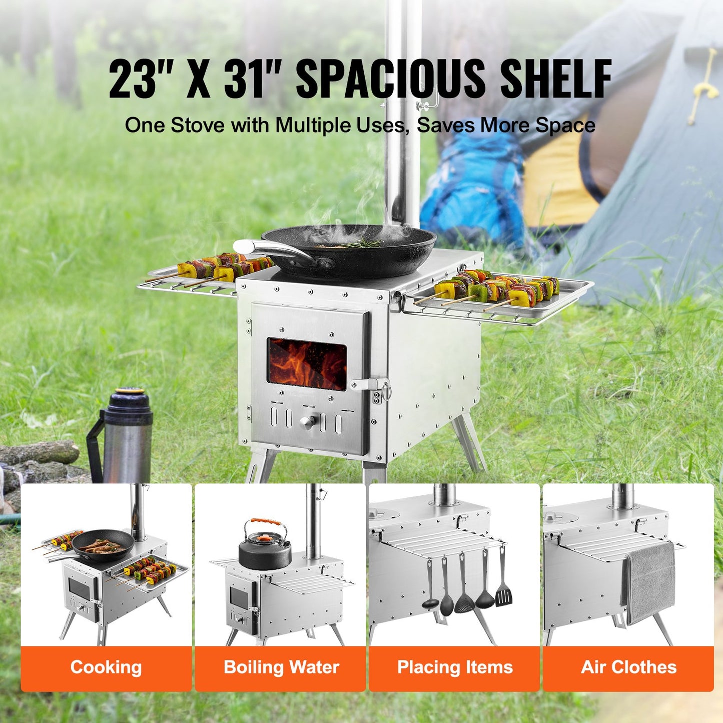 Portable Stainless Steel Wood Stove 86 Inch Camping Tent Heater with Chimney & Gloves
