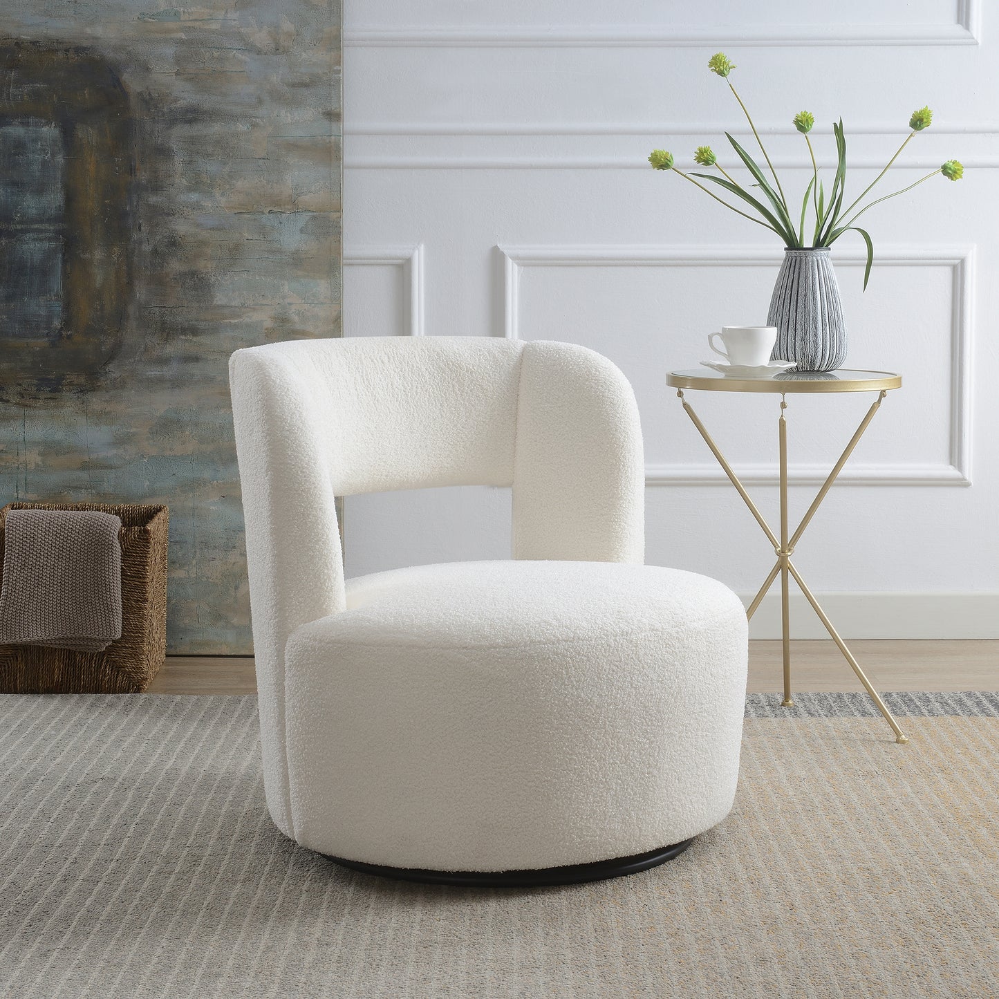Swivel Barrel Chair in Soft Teddy Fabric - Cream Accent Chair