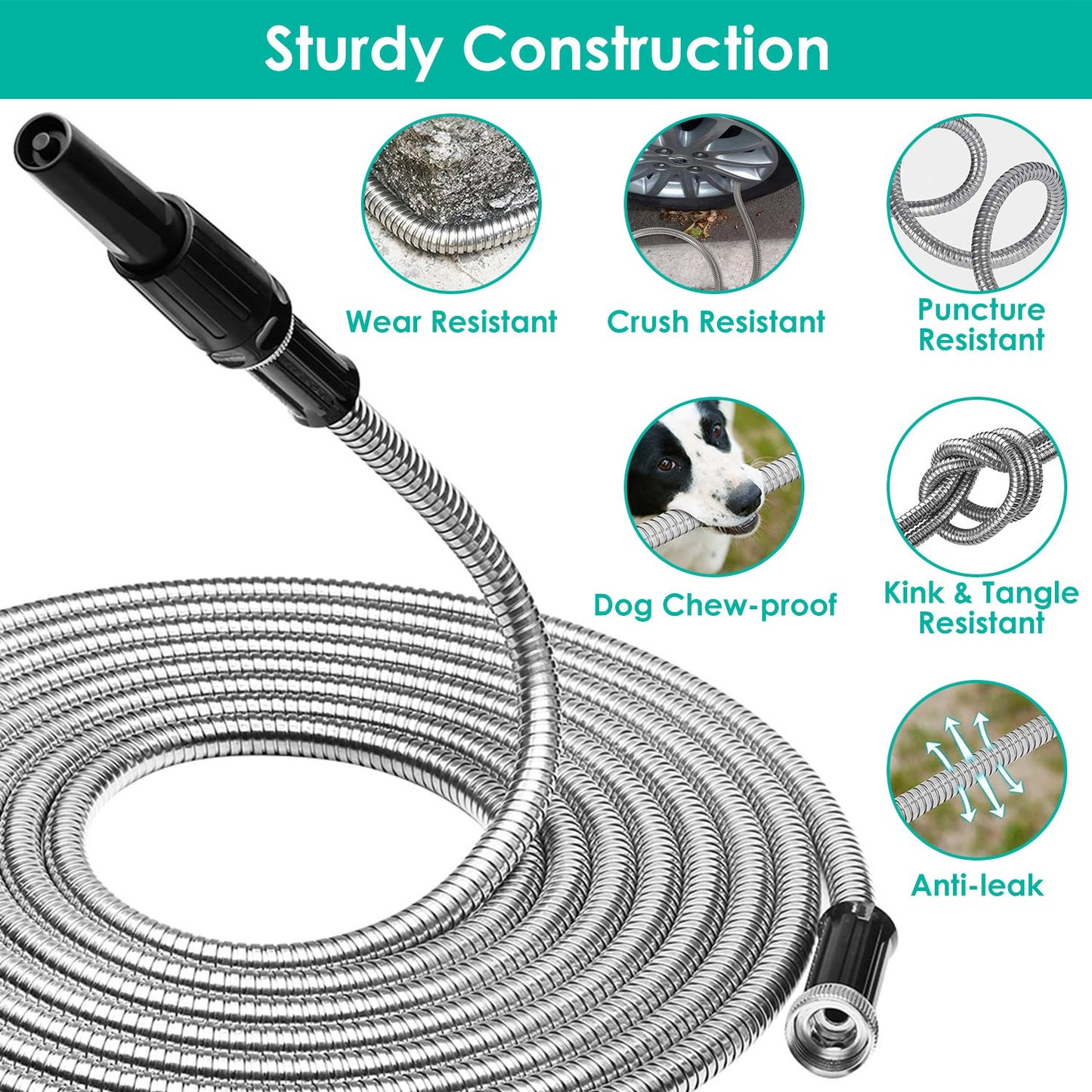 Heavy Duty Stainless Steel Garden Hose with 7-Pattern Nozzle - Flexible & Puncture Resistant