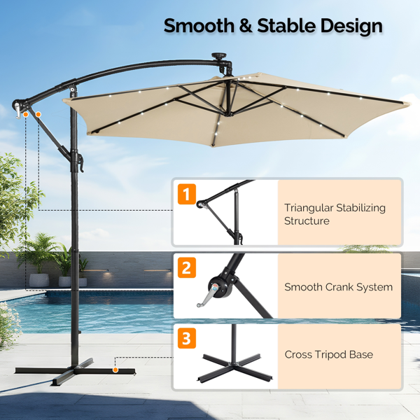 10FT Round Patio Hanging Umbrella with LED Lights - Khaki
