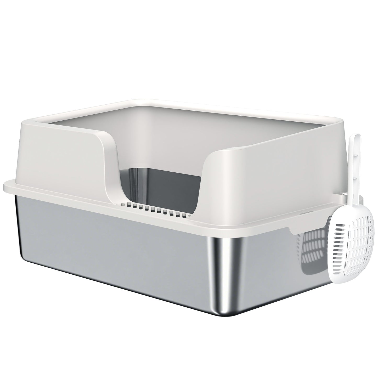 Stainless Steel Cat Litter Box with High Sides & Scoop - Light Gray