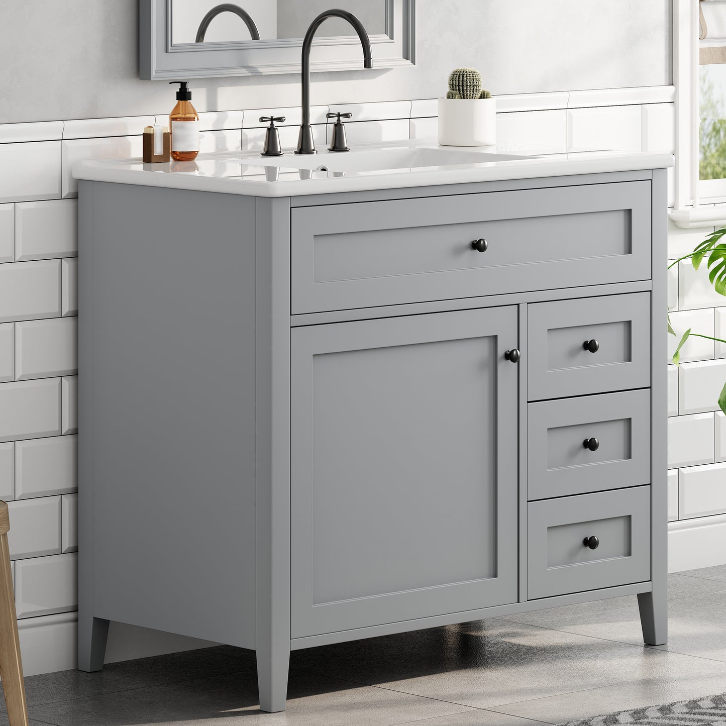 36-Inch Gray Bathroom Vanity with Sink and Storage Drawers