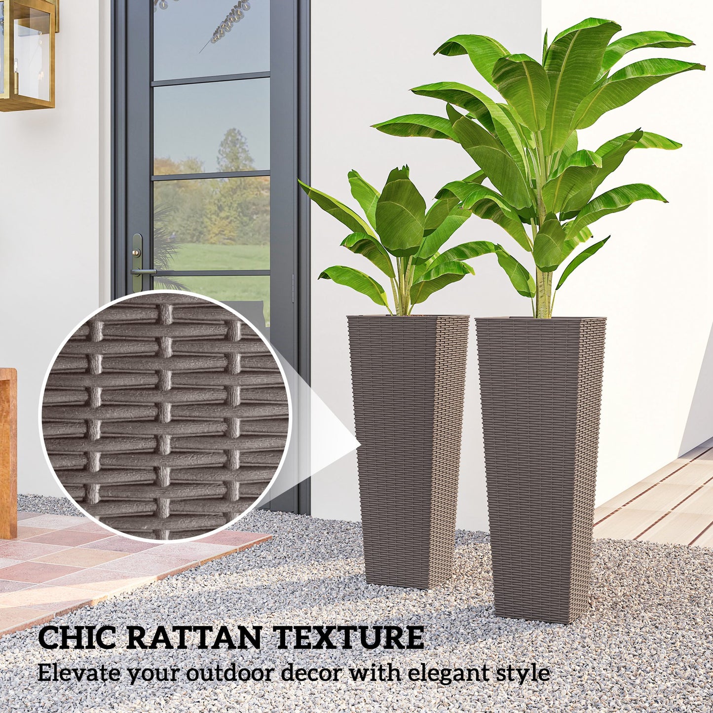 Set of 2 Outdoor Tall Plant Pots - Brown Plastic Garden Planters with Drainage