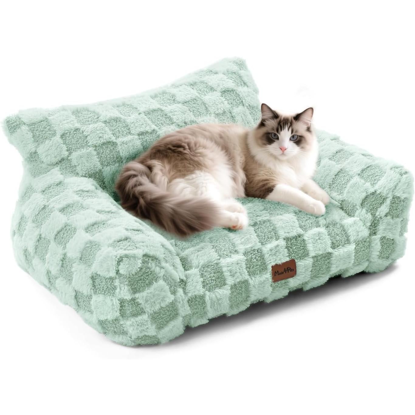 Medium Pet Sofa Bed with Sage Green Plaid Cover - Made4Pets