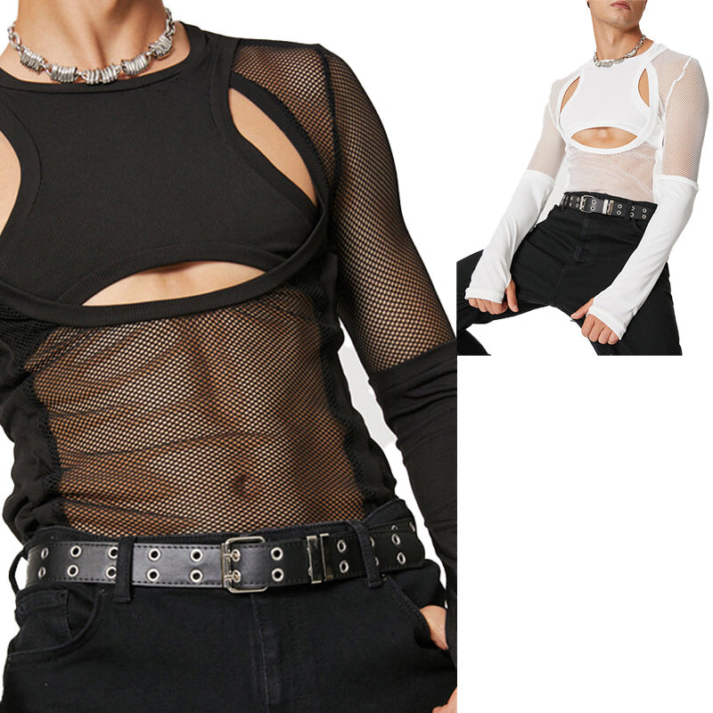 Men's Mesh Steel Tube Dance Set - Sexy Nightclub Two-Piece Outfit for Men