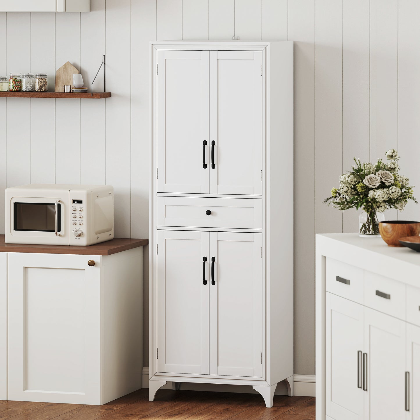 67-Inch White Kitchen Pantry with Drawer & Adjustable Shelves