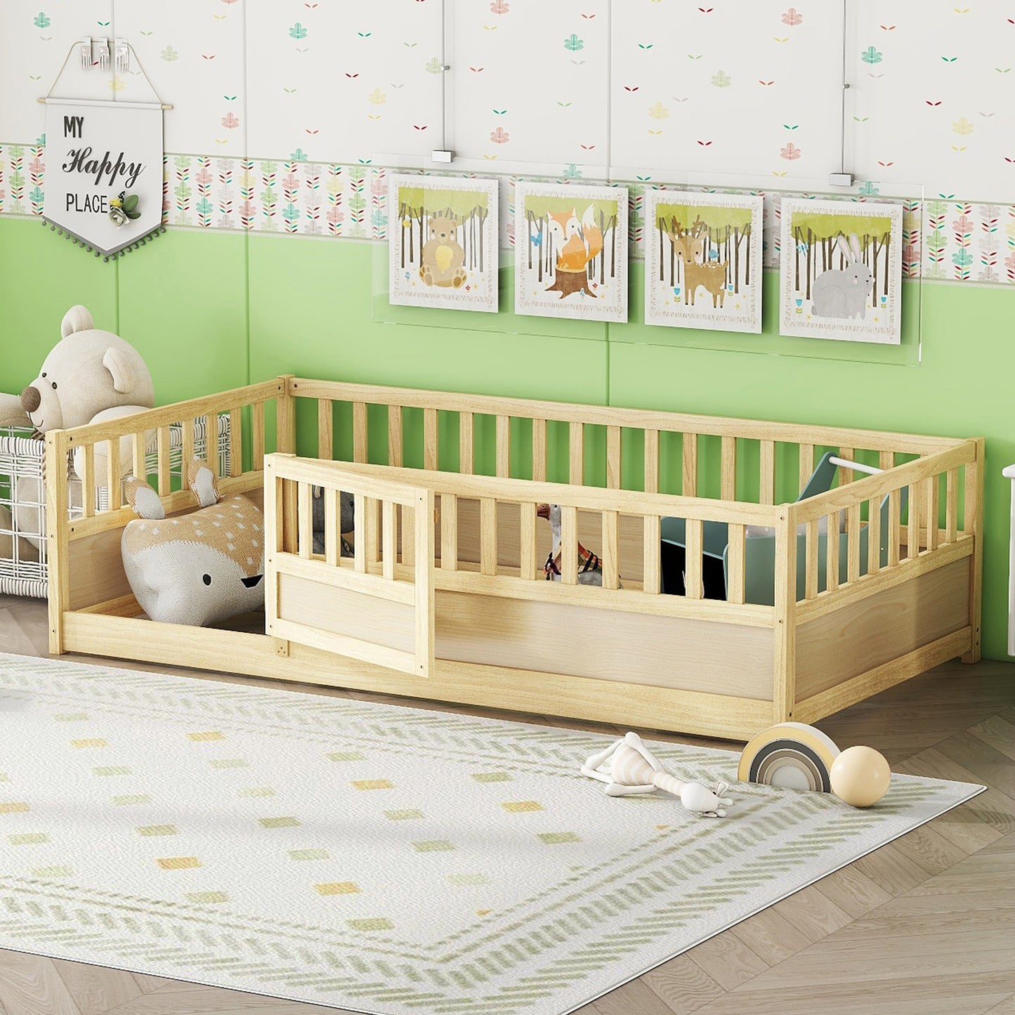 Twin Size Montessori Floor Bed Frame with Safety Barrier - Natural Wood