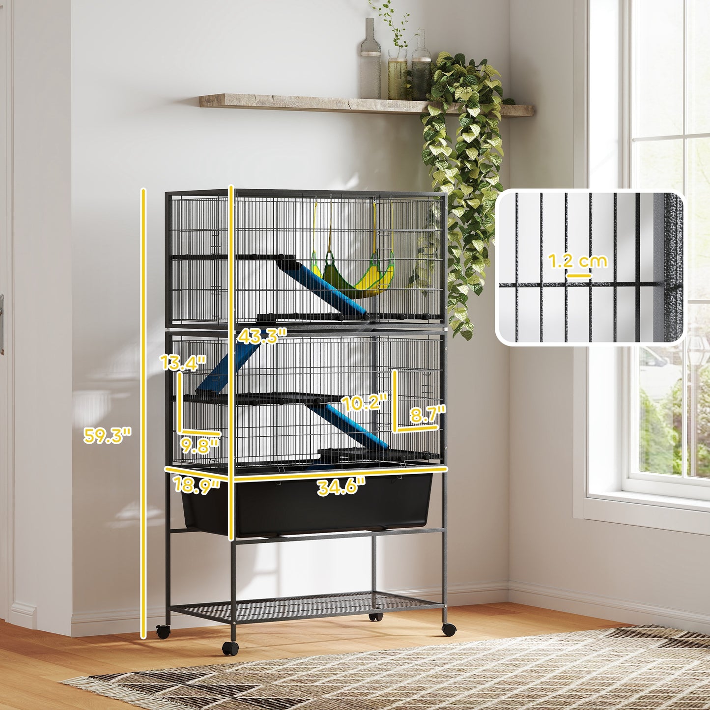 59-Inch Small Animal Cage with 5 Levels, Rolling Ferret Cage, Deep Tray & Ramps