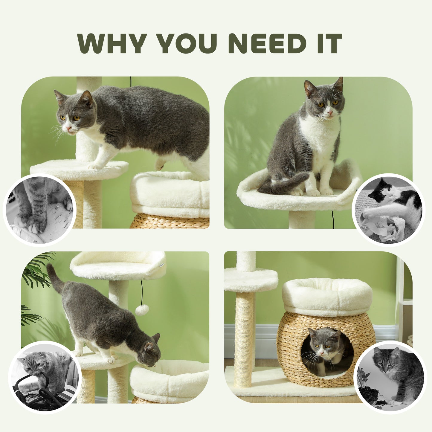 31-Inch Cat Tree Tower with Scratching Posts, Condo, Beds & Toy Ball - Cream White