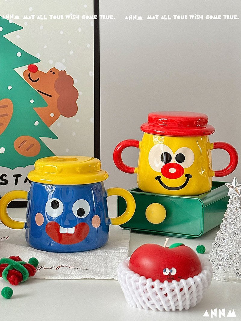 Ceramic Double-Handled Mug with Lid - Creative Kitchen Drinkware