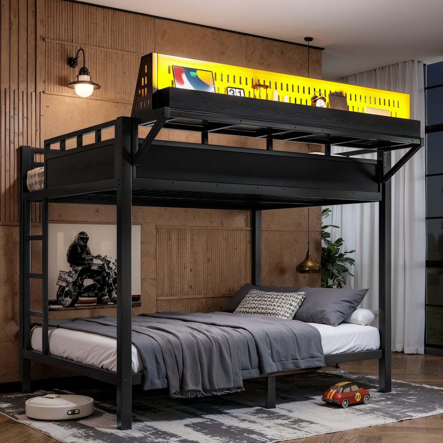 Full Over Full Metal Bunk Bed with Storage Shelves & USB Ports - Black