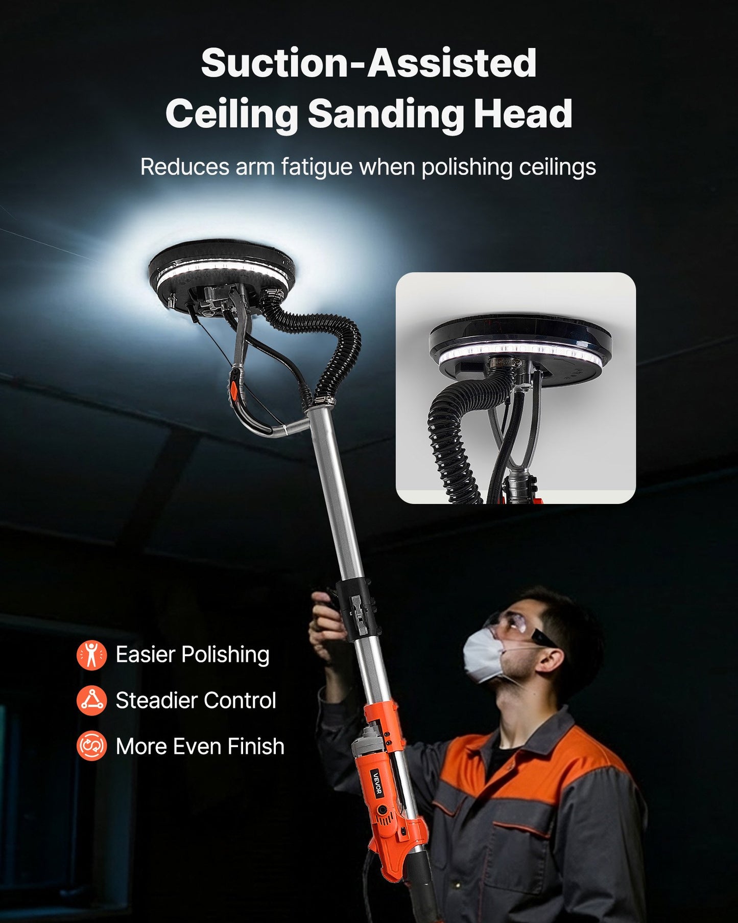 Electric Drywall Sander 1010W with Variable Speed & LED Light - Popcorn Ceiling Removal Tool