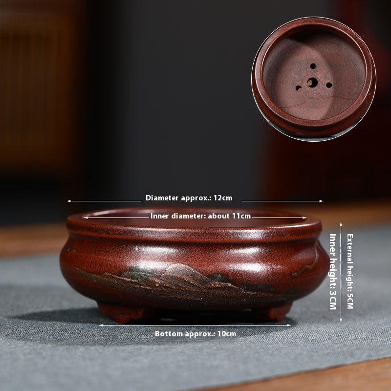 Purple Clay Flowerpot with Chinese Style Design Small Round & Square Options