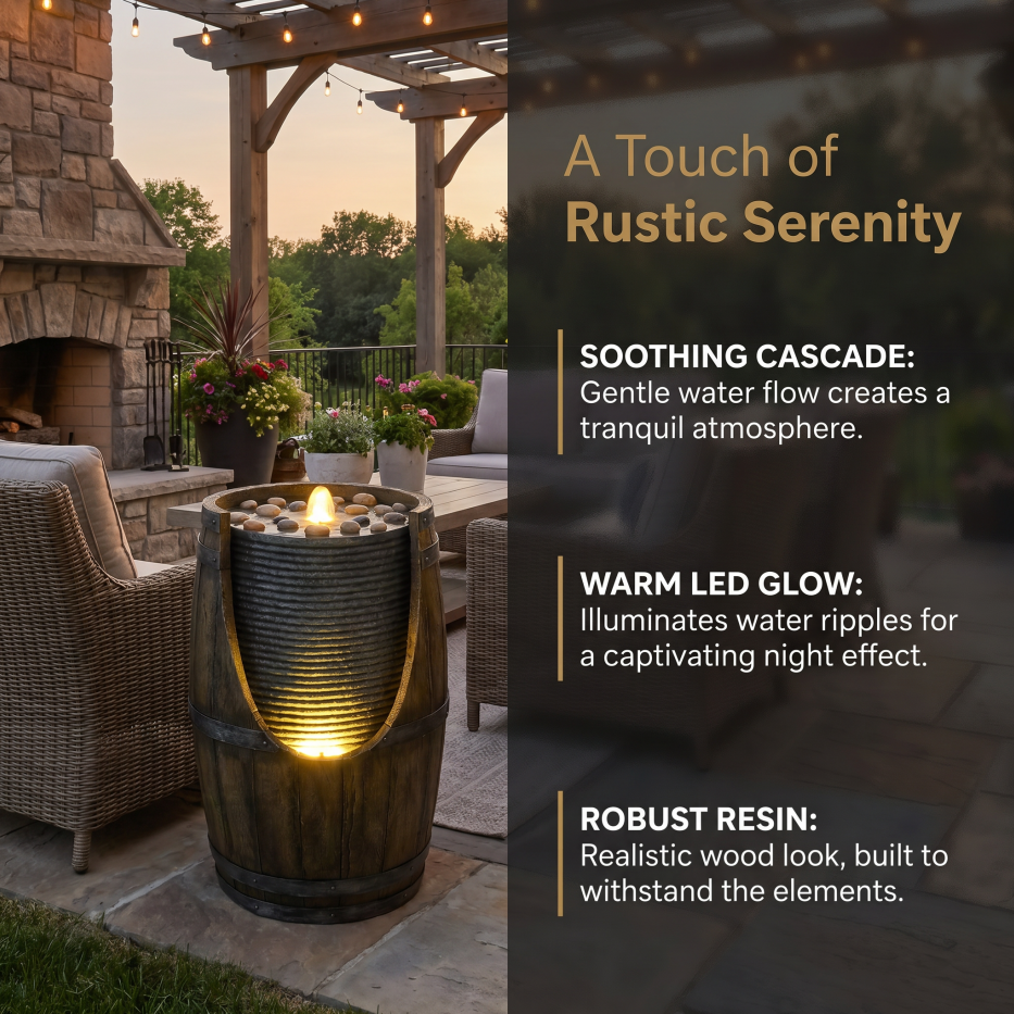 Outdoor Water Fountain with Bird Waterer - Rustic Barrel Garden Feature with LED Lights