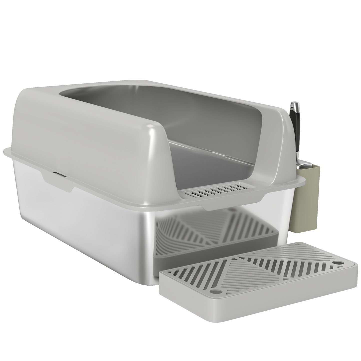 High Sided Stainless Steel Cat Litter Box with Scoop & Holder - Light Gray, 650x210x450mm